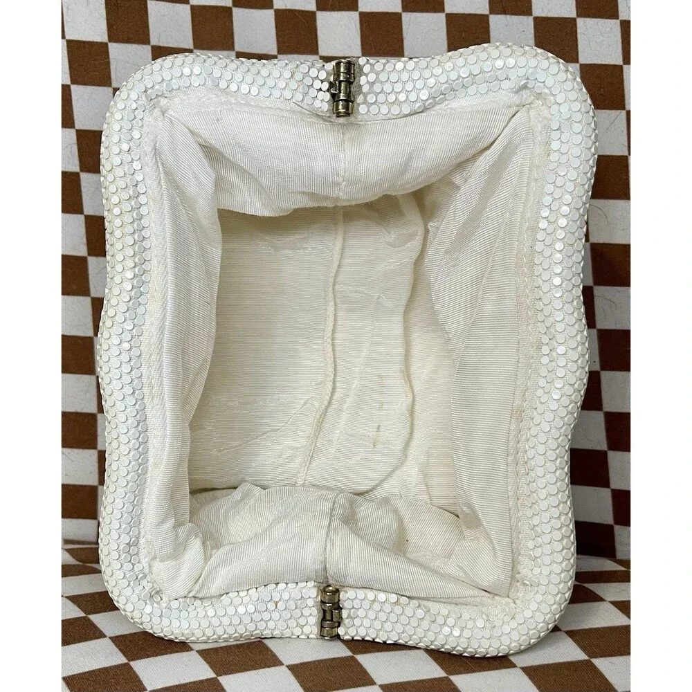 Vintage White Metal Mesh Clutch Purse Mid Century Gate Mouth Evening Bag Bridal